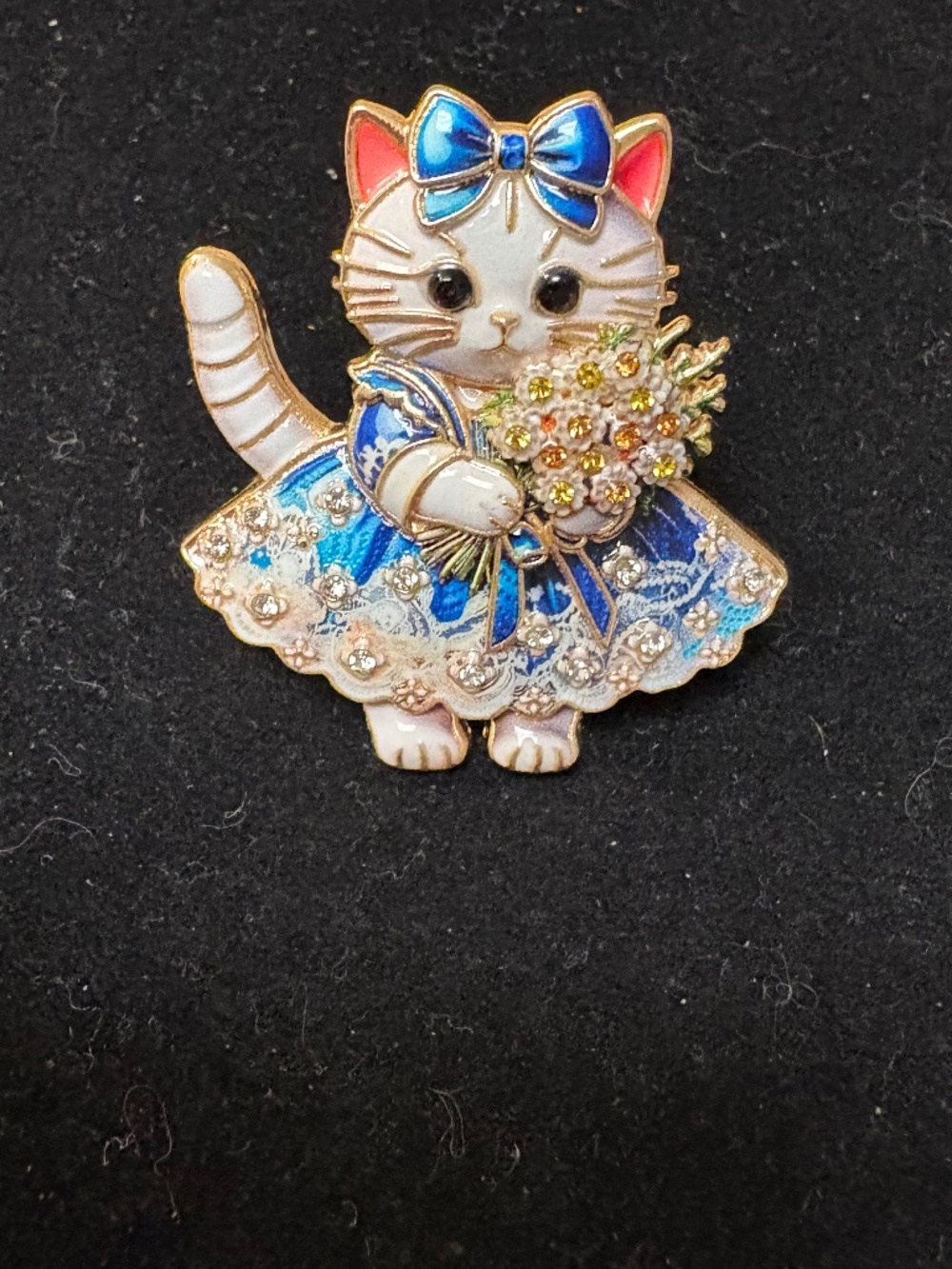 Cat Brooch Pin Blue Dress Bouquet Rhinestone Enamel Jewelry